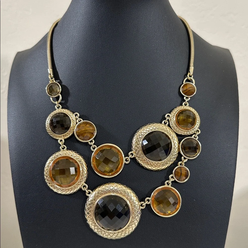 Liz Claiborne Vintage 1990’s Gold Tone Statement Necklace With Faucet Cabochons